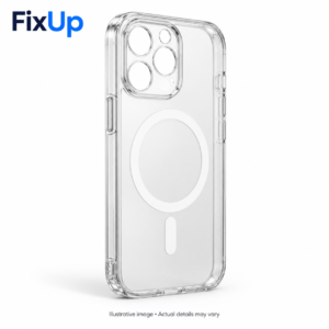 Illustrative FixUp MagSafe Clear Case concept; actual camera cutouts and details vary by model