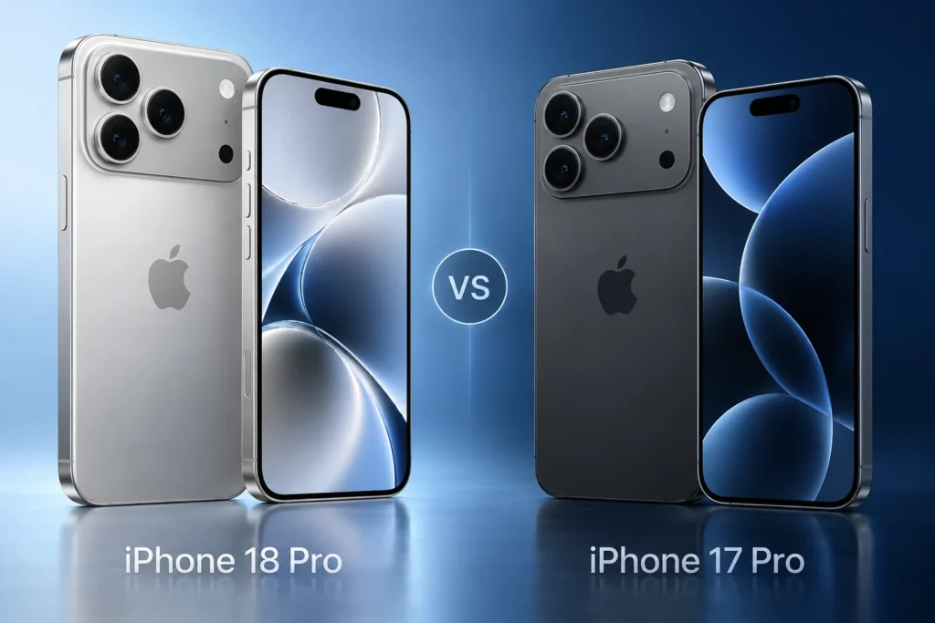 Original editorial illustration of iPhone 18 Pro and iPhone 17 Pro
