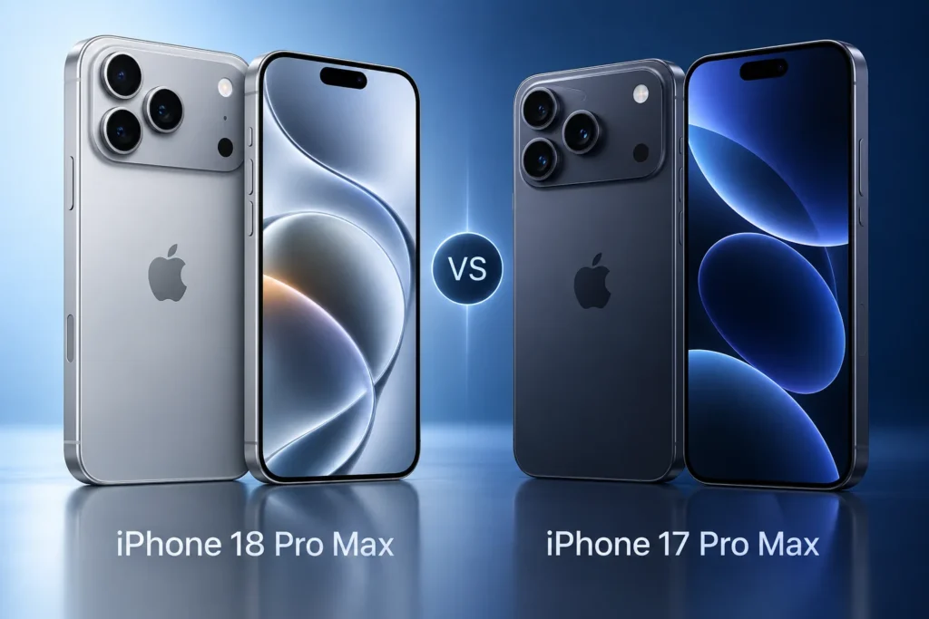 Original editorial illustration of iPhone 18 Pro Max and iPhone 17 Pro Max