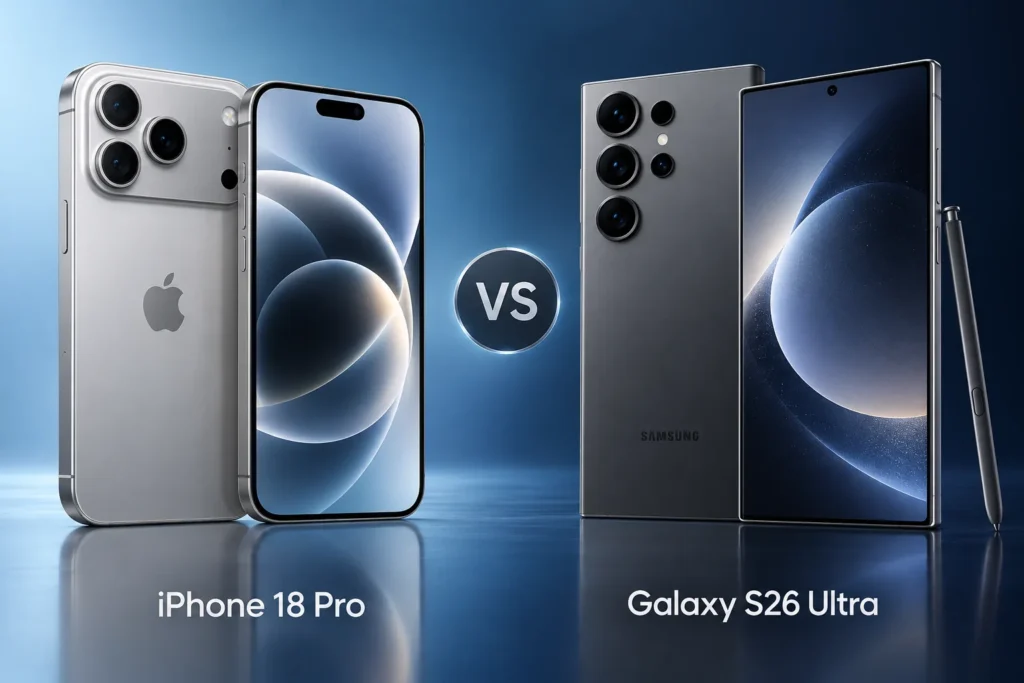Original editorial illustration of iPhone 18 Pro and Samsung Galaxy S26 Ultra