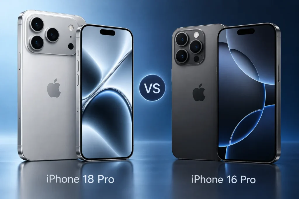Original editorial illustration of iPhone 18 Pro and iPhone 16 Pro