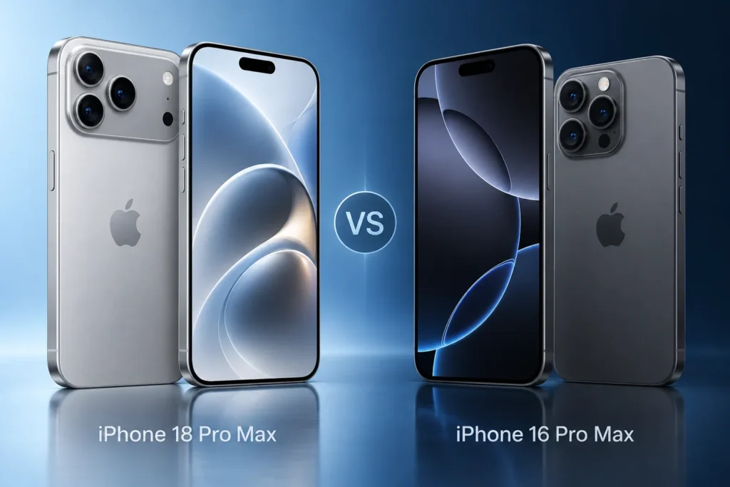 Original editorial illustration of iPhone 18 Pro Max and iPhone 16 Pro Max
