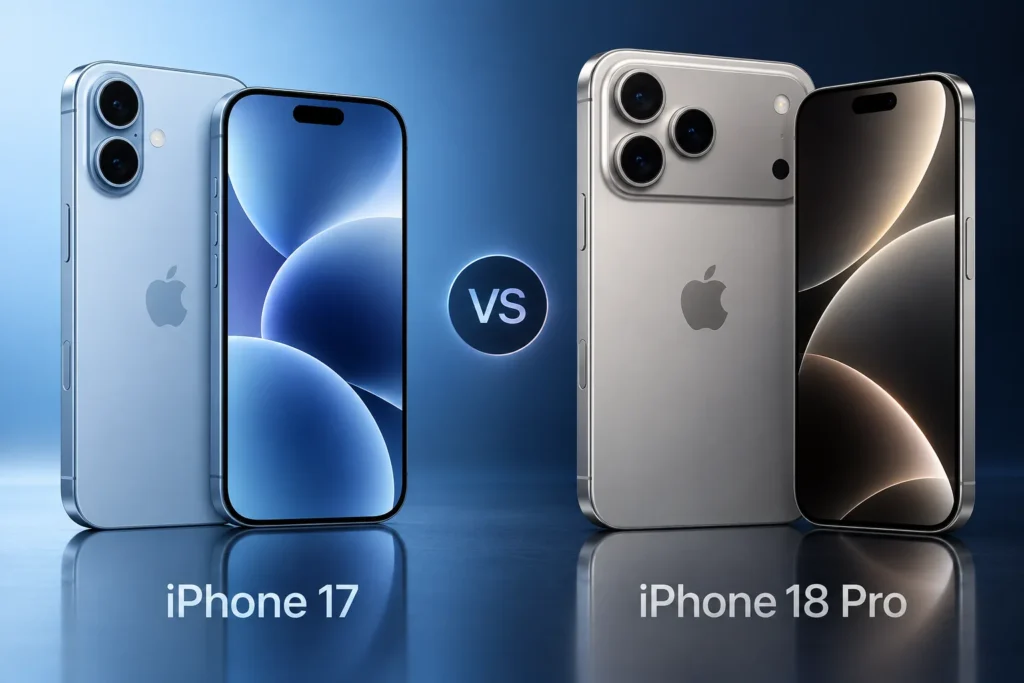 Original editorial illustration of iPhone 17 and iPhone 18 Pro