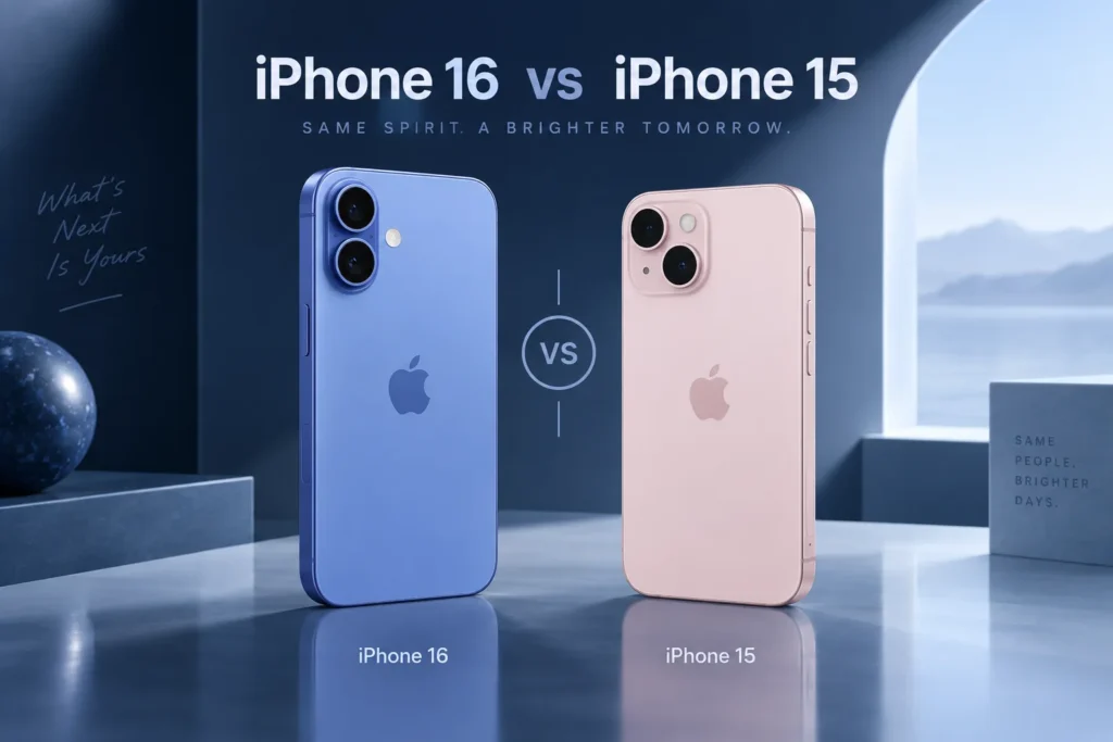 Original editorial illustration: iPhone 16 vs iPhone 15