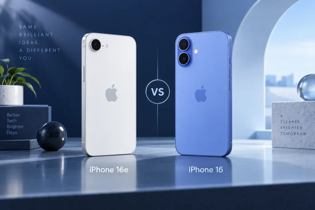 Original editorial illustration: iPhone 16e vs iPhone 16