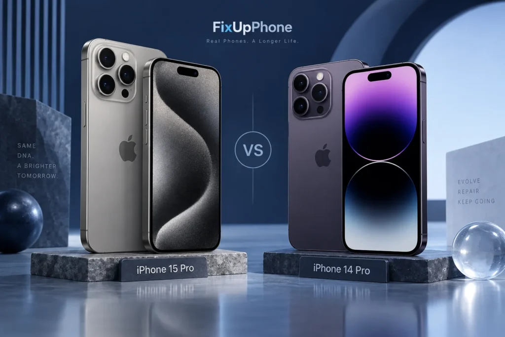 Original editorial illustration: iPhone 15 Pro vs iPhone 14 Pro