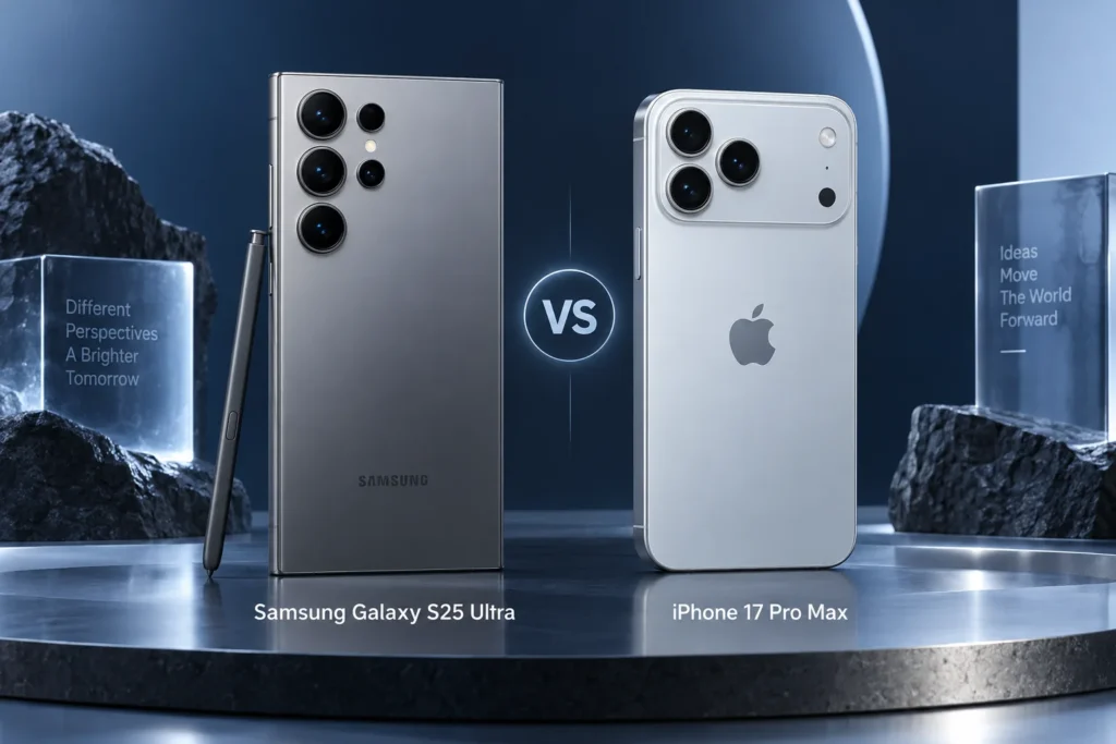 Original editorial illustration: Galaxy S25 Ultra vs iPhone 17 Pro Max