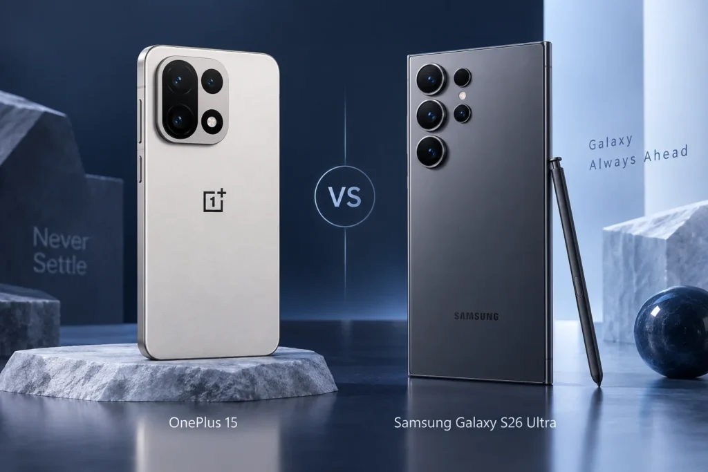 Original editorial illustration: OnePlus 15 vs Galaxy S26 Ultra