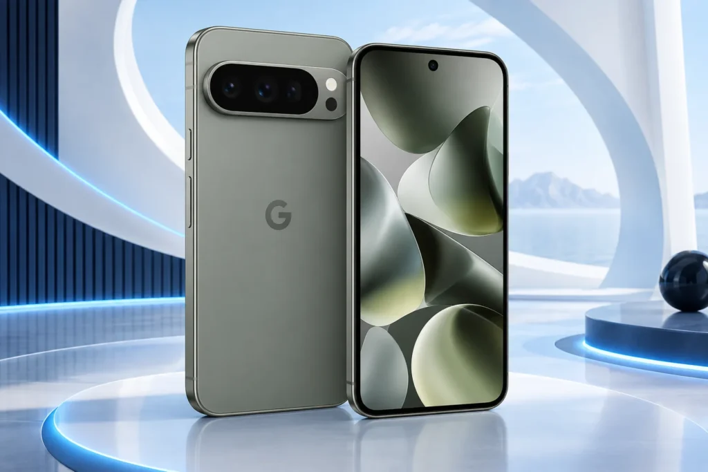 Original hazel Pixel 9 Pro front and rear editorial illustration