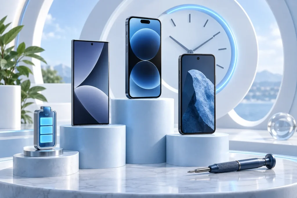 Original illustration of three smartphones with clock and battery symbols representing device lifespan