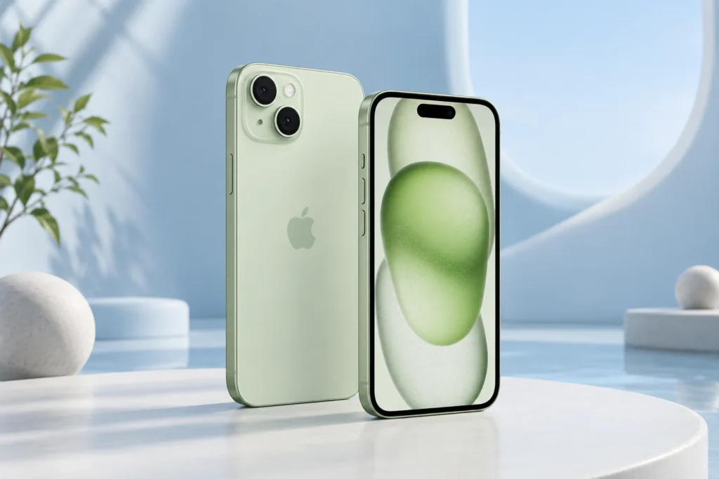 Original green iPhone 15 front and dual-camera rear illustration