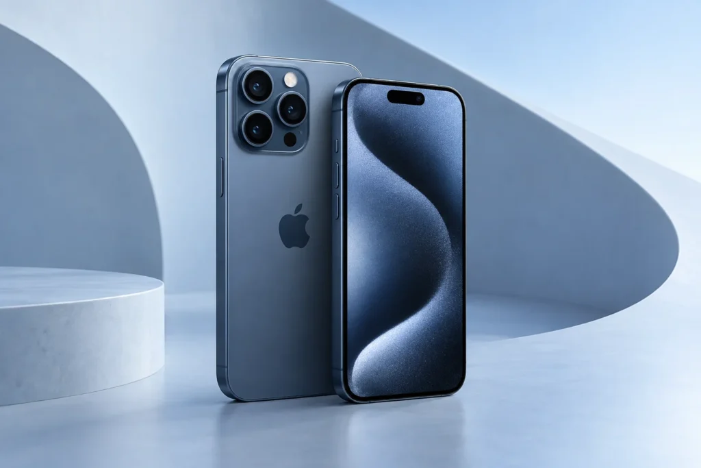 Original blue titanium iPhone 15 Pro front and rear illustration