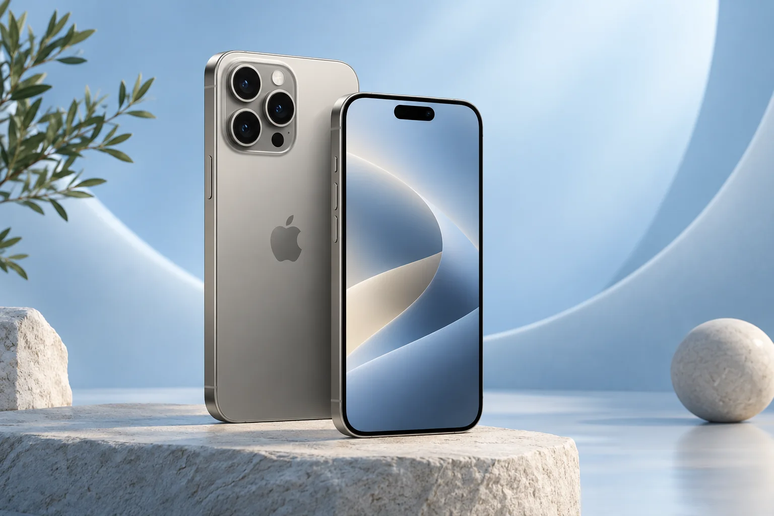 Original natural titanium iPhone 15 Pro Max front and rear illustration