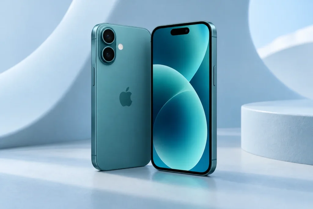 Original teal iPhone 16 front and dual-camera rear illustration