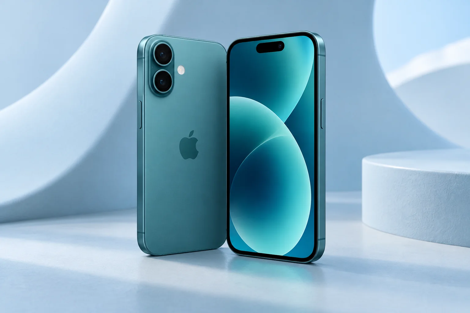 Original teal iPhone 16 front and dual-camera rear illustration