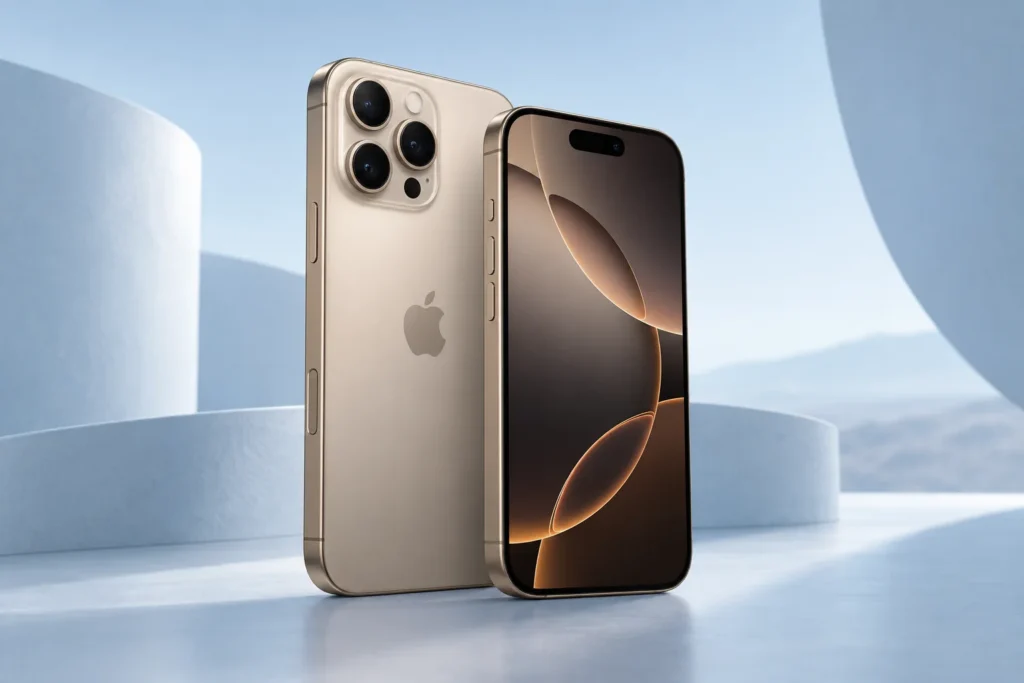Original desert titanium iPhone 16 Pro Max front and rear illustration