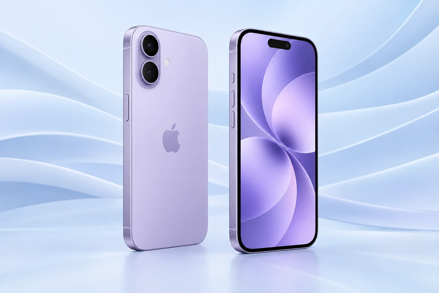 Original illustration of lavender iPhone 17 front and dual-camera rear views