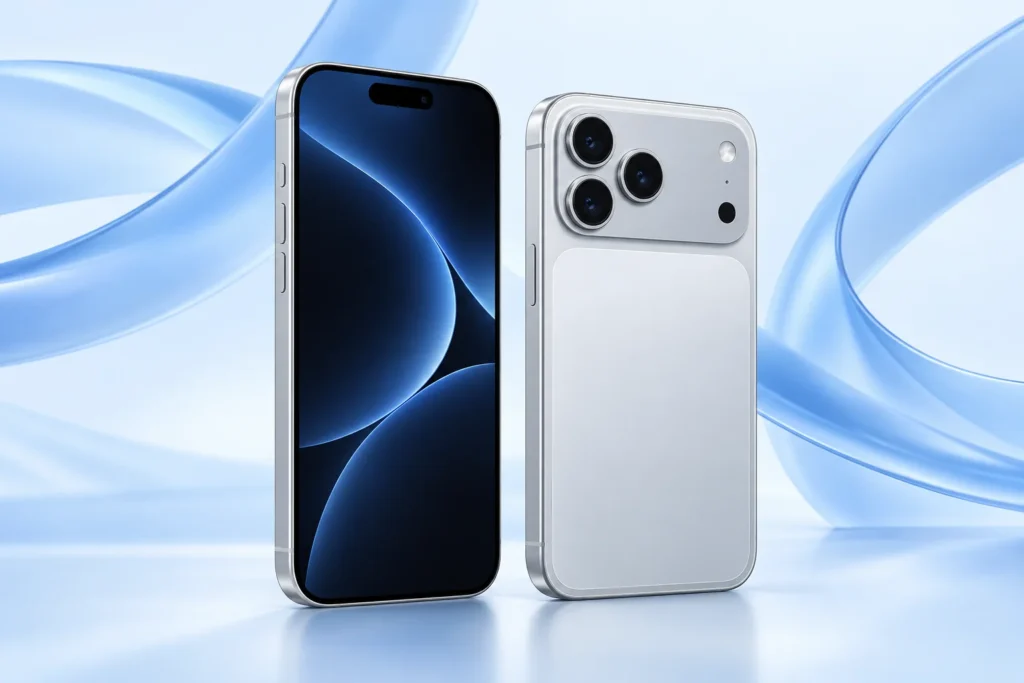 Original illustrative render of silver iPhone 17 Pro front and rear views on a blue background