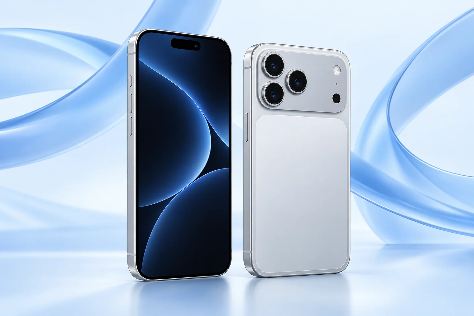 Original illustrative render of silver iPhone 17 Pro front and rear views