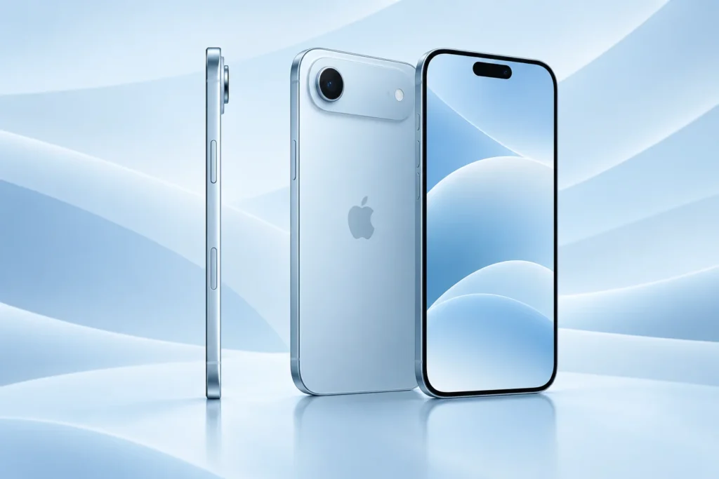 Original sky blue iPhone Air inspired illustration showing thin profile and single rear camera