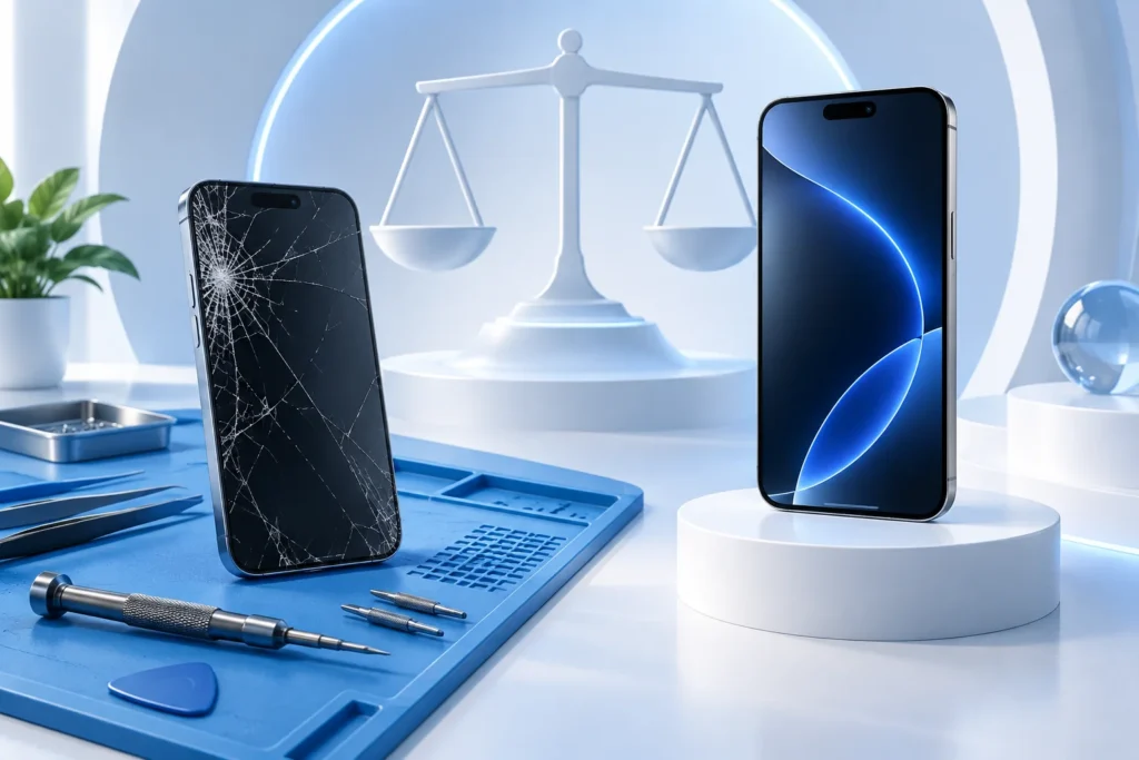 Original illustration comparing a cracked phone on a repair mat with a replacement phone