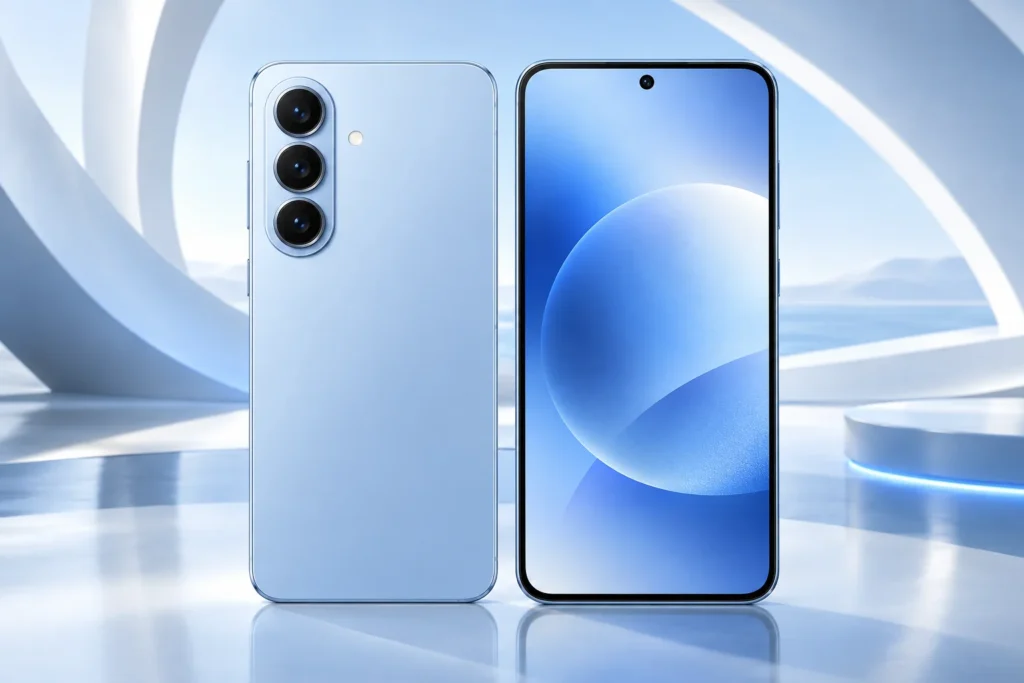 Original sky blue Galaxy S26 front and rear device illustration