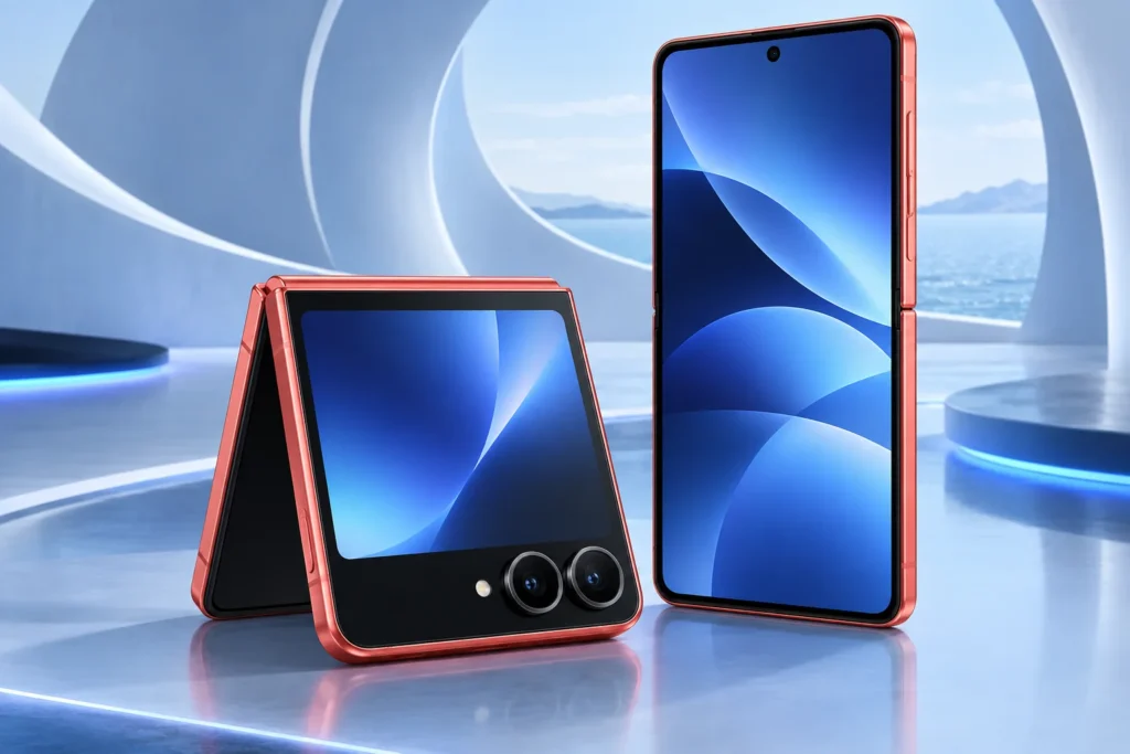 Original coral red Galaxy Z Flip7 illustration in folded and unfolded positions