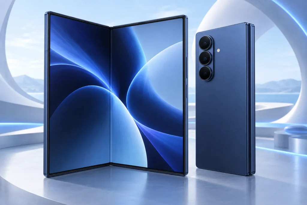 Original blue Galaxy Z Fold7 illustration showing folded and open screen configurations