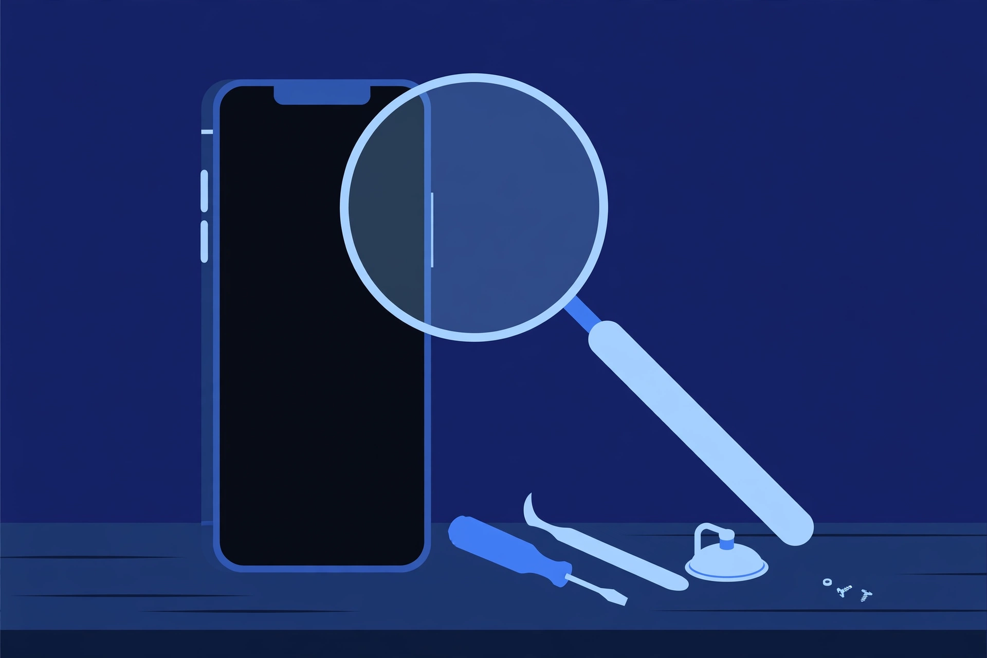 Original illustration of a smartphone with a notch and a completely black display, a magnifying glass angled toward the dark screen, and blue repair tools on a workbench