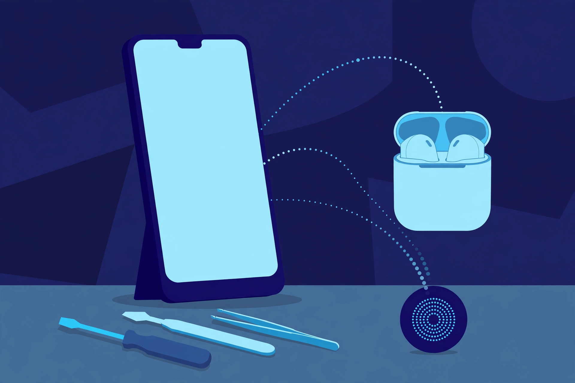 Original illustration of a smartphone with a small notch and dotted wireless arcs reaching toward wireless earbuds in an open case and a round speaker, one arc broken and faded, with blue repair tools on a workbench