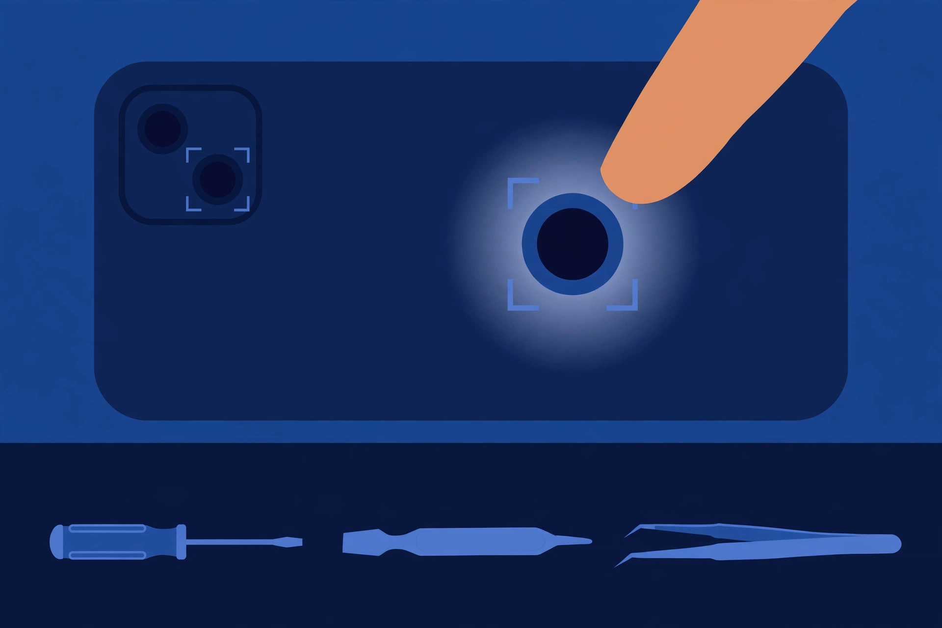 Original illustration of the back of a smartphone with a diagonal dual camera system, one lens ringed by soft focus brackets with a blurred halo, a fingertip pointing at it, and blue repair tools on a workbench