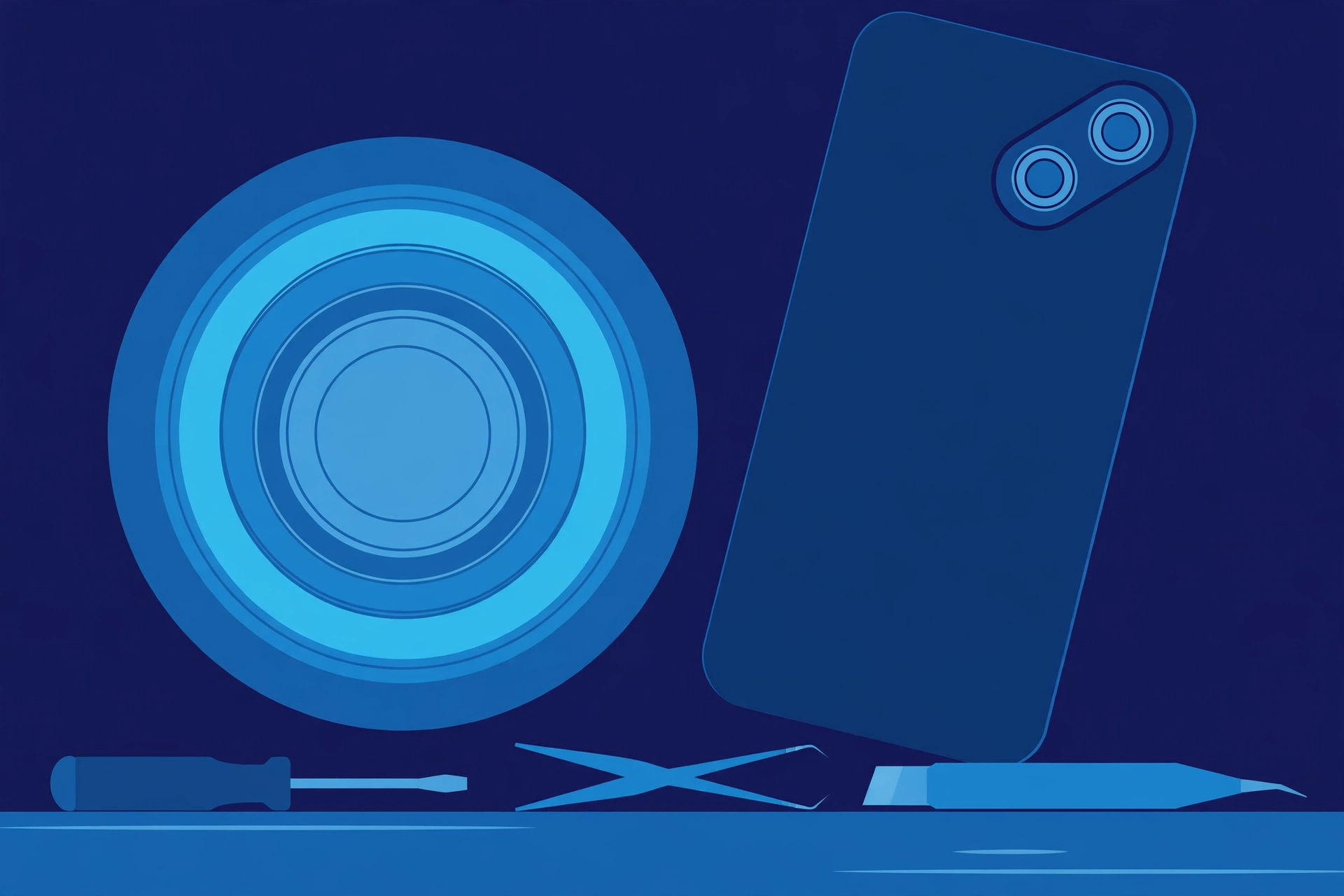 Original illustration of the back of a smartphone with a diagonal dual-camera module, a magnified camera lens element beside it, and blue repair tools on a workbench
