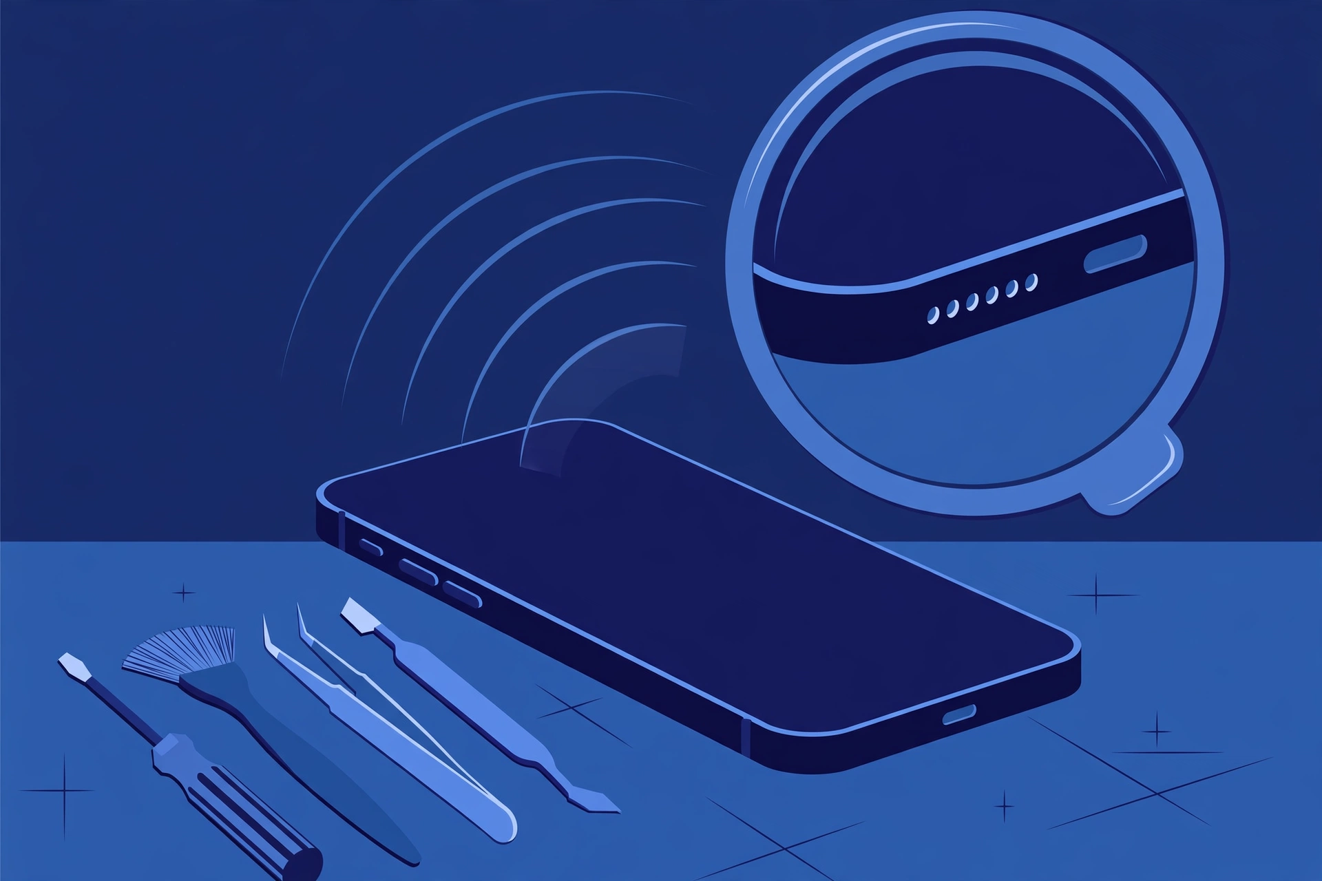 Original illustration of a smartphone with a magnified circular view of the small microphone holes along its bottom edge, gentle sound-wave arcs, and blue repair tools on a workbench