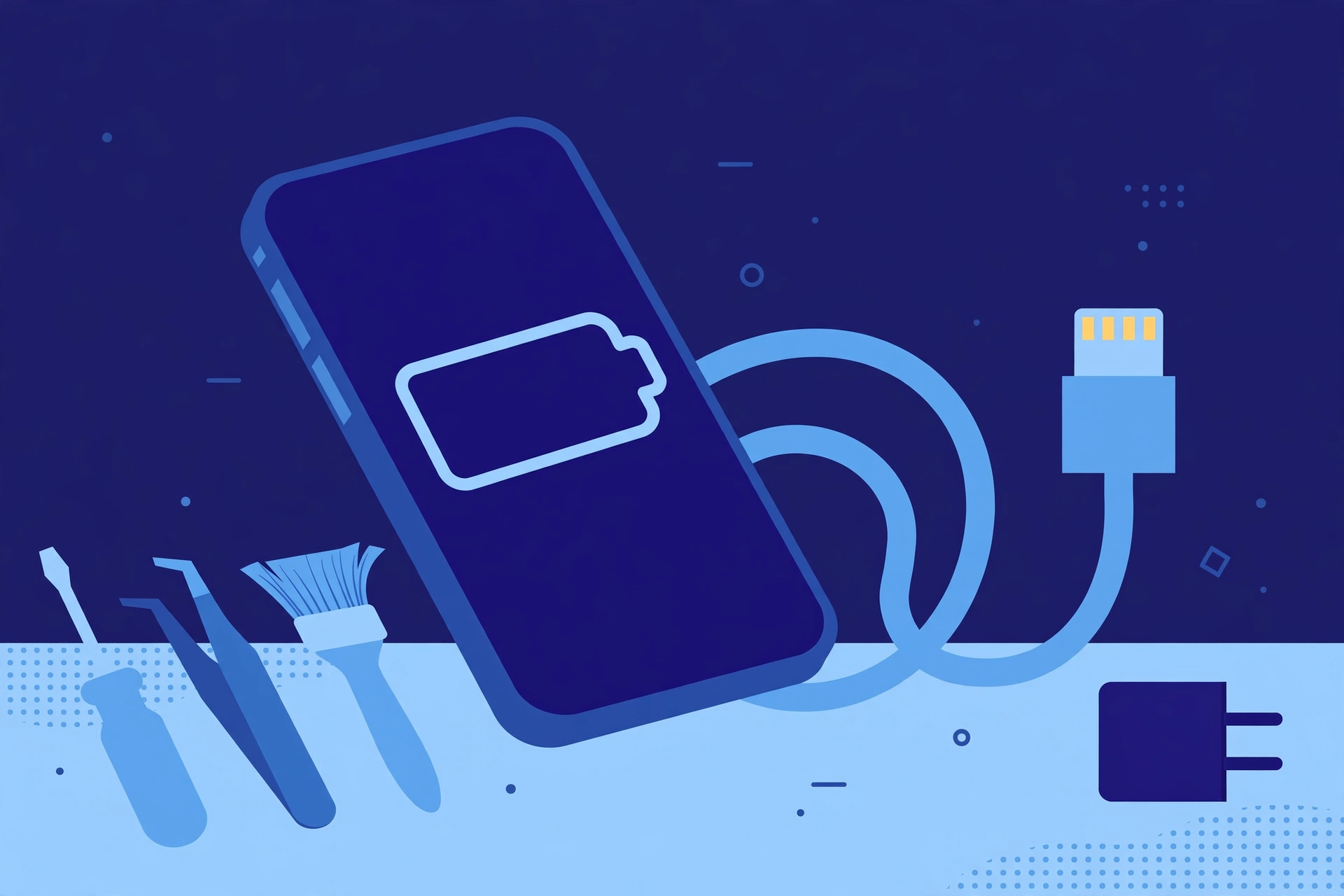 Original illustration of a smartphone with an empty battery outline on its screen, an unplugged Lightning cable with gold contacts on its flat plug beside it, a wall adapter, and blue repair tools on a workbench