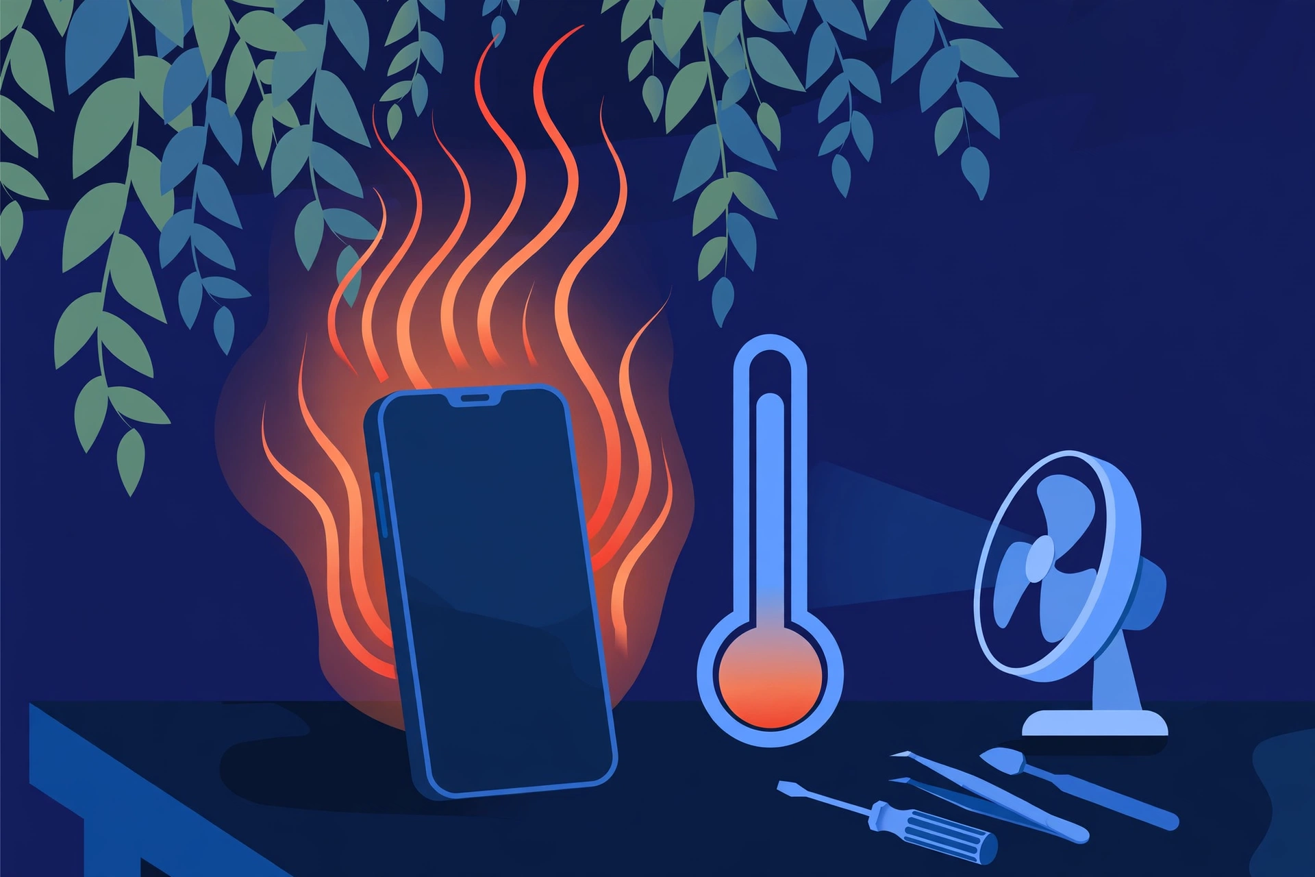 Original illustration of a smartphone with orange heat-shimmer waves rising from it, a blank thermometer gauge with no markings beside it, leafy shade above, a small desk fan and blue repair tools on a workbench