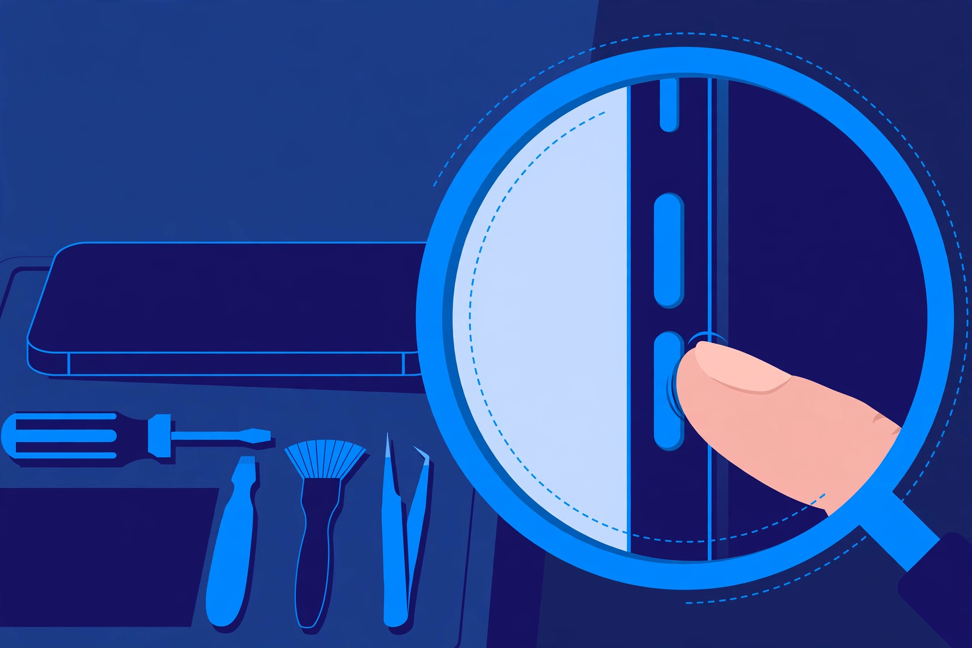Original illustration of a smartphone in side profile with a magnified circular inset of its side-edge buttons being pressed by a fingertip, with blue repair tools on a workbench