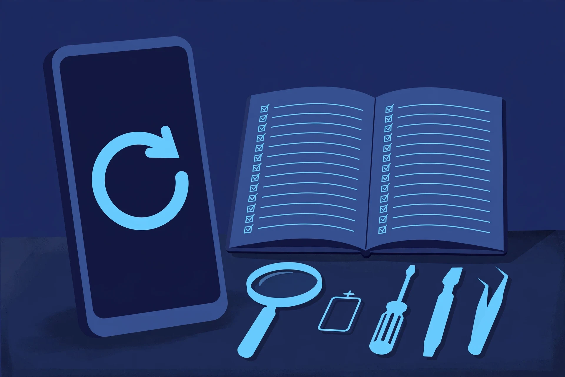 Original illustration of a smartphone with a large circular restart arrow on its dark screen, beside an open pattern-log notebook with blank ruled lines and tick boxes, a magnifying glass and blue repair tools on a workbench