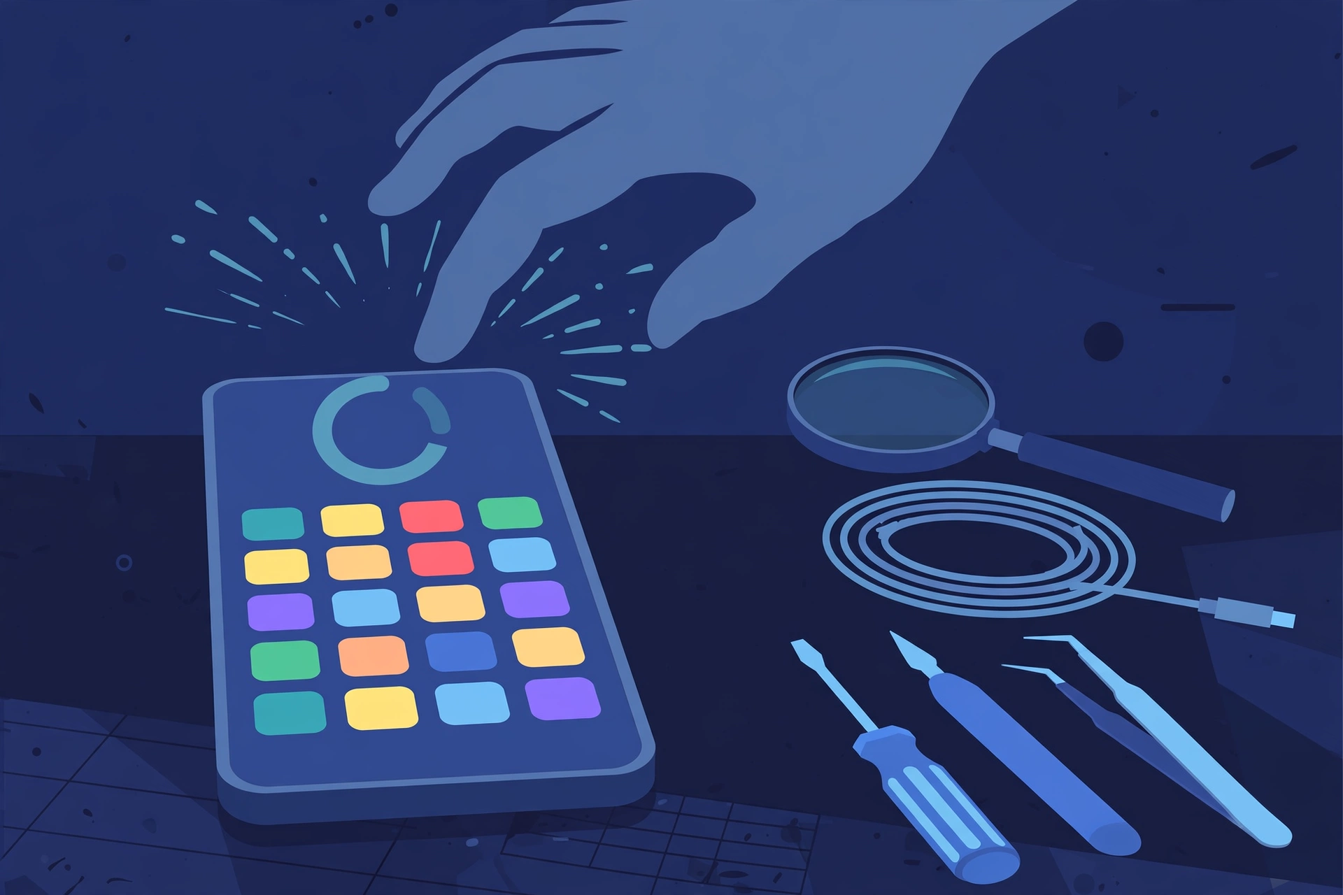 Original illustration of a smartphone with a frozen display showing a static app grid and a stalled loading ring, a hand hovering above the screen without touching it, with a magnifying glass, a coiled cable and blue repair tools on a workbench