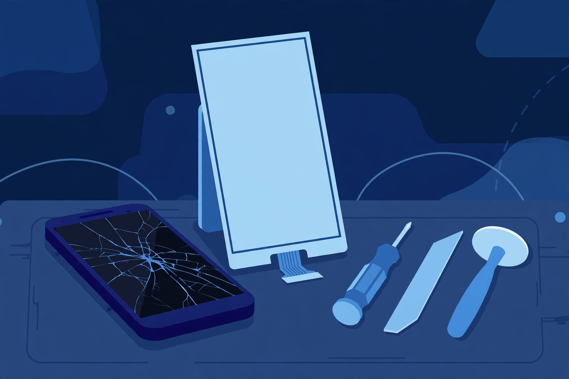 Original illustration of a smartphone with a cracked display, a replacement display panel beside it, and blue repair tools on a workbench