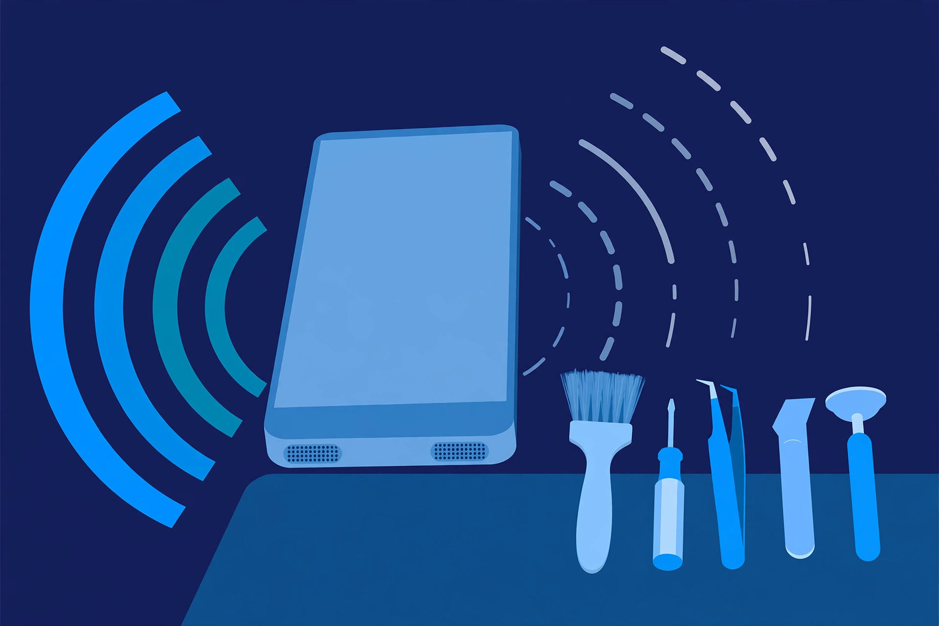 Original illustration of a smartphone's bottom edge with strong sound-wave arcs on one side and faint, broken dashed arcs on the other, with a soft cleaning brush and blue repair tools on a workbench
