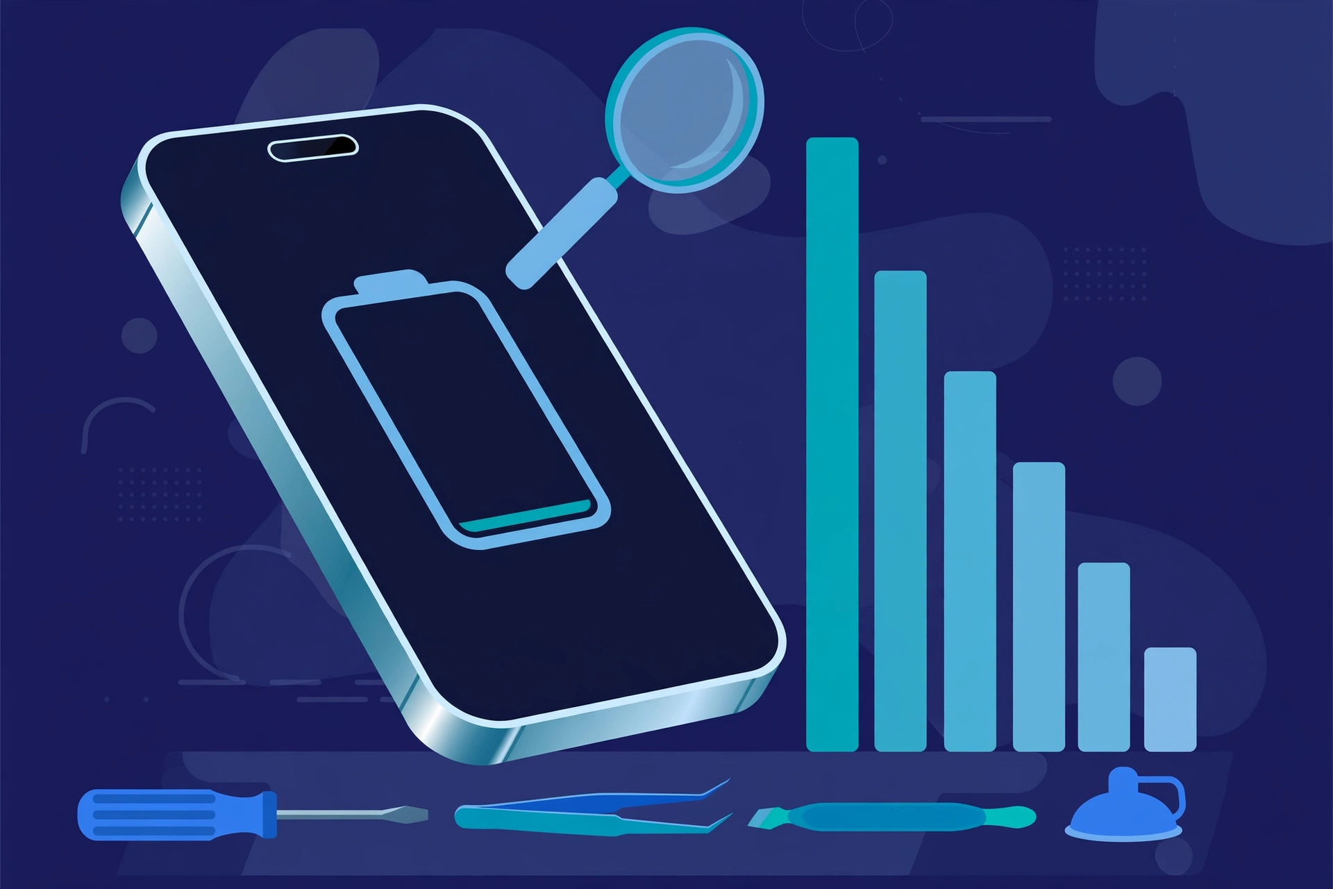 Original illustration of a smartphone with a nearly empty battery gauge, downward-trending battery-level bars beside it, a magnifier over the screen, and blue repair tools on a workbench