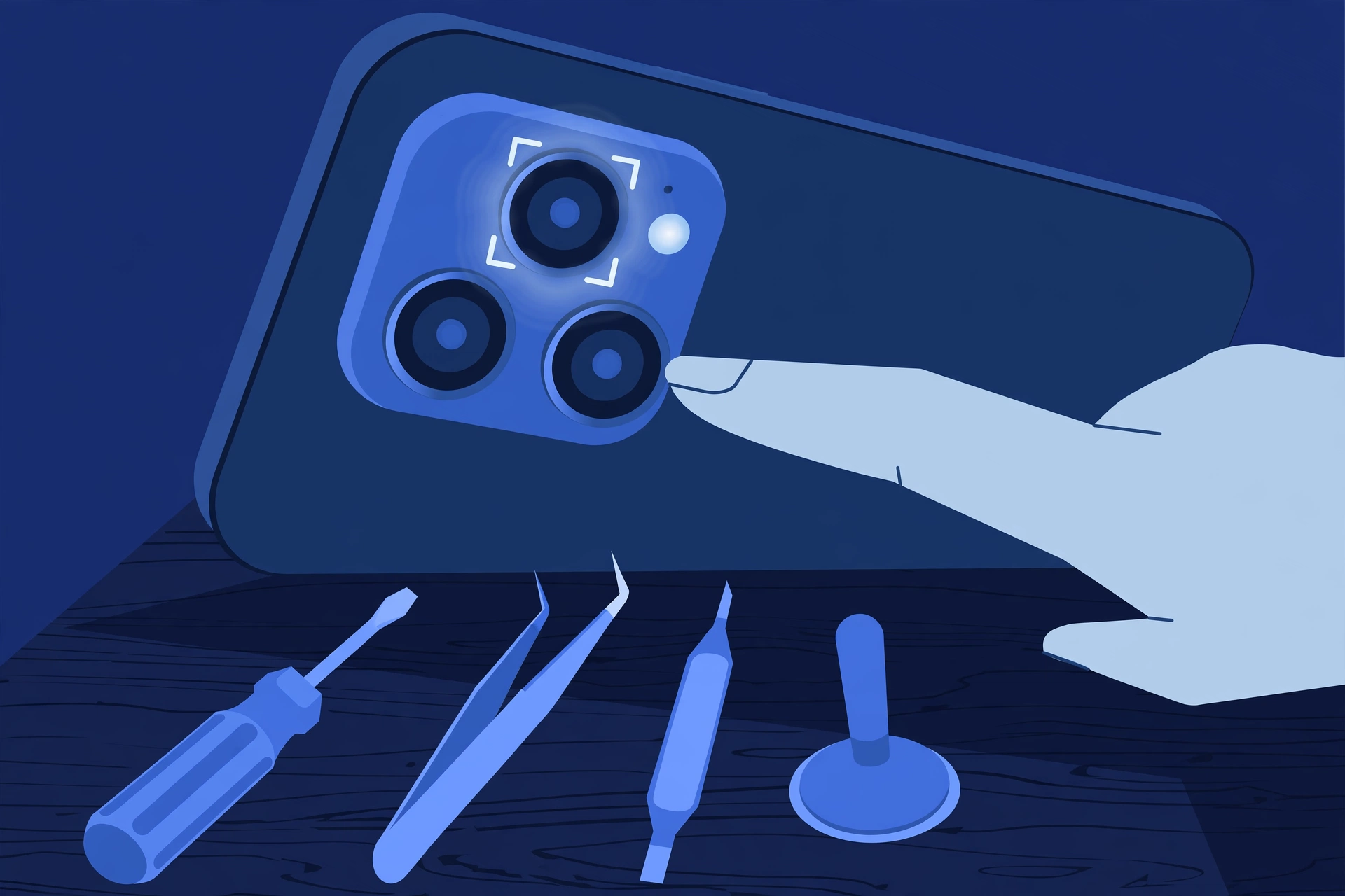 Original illustration of the back of a smartphone with a triple camera plateau, one lens ringed by soft focus brackets with a blurred halo, a fingertip pointing at it, and blue repair tools on a workbench