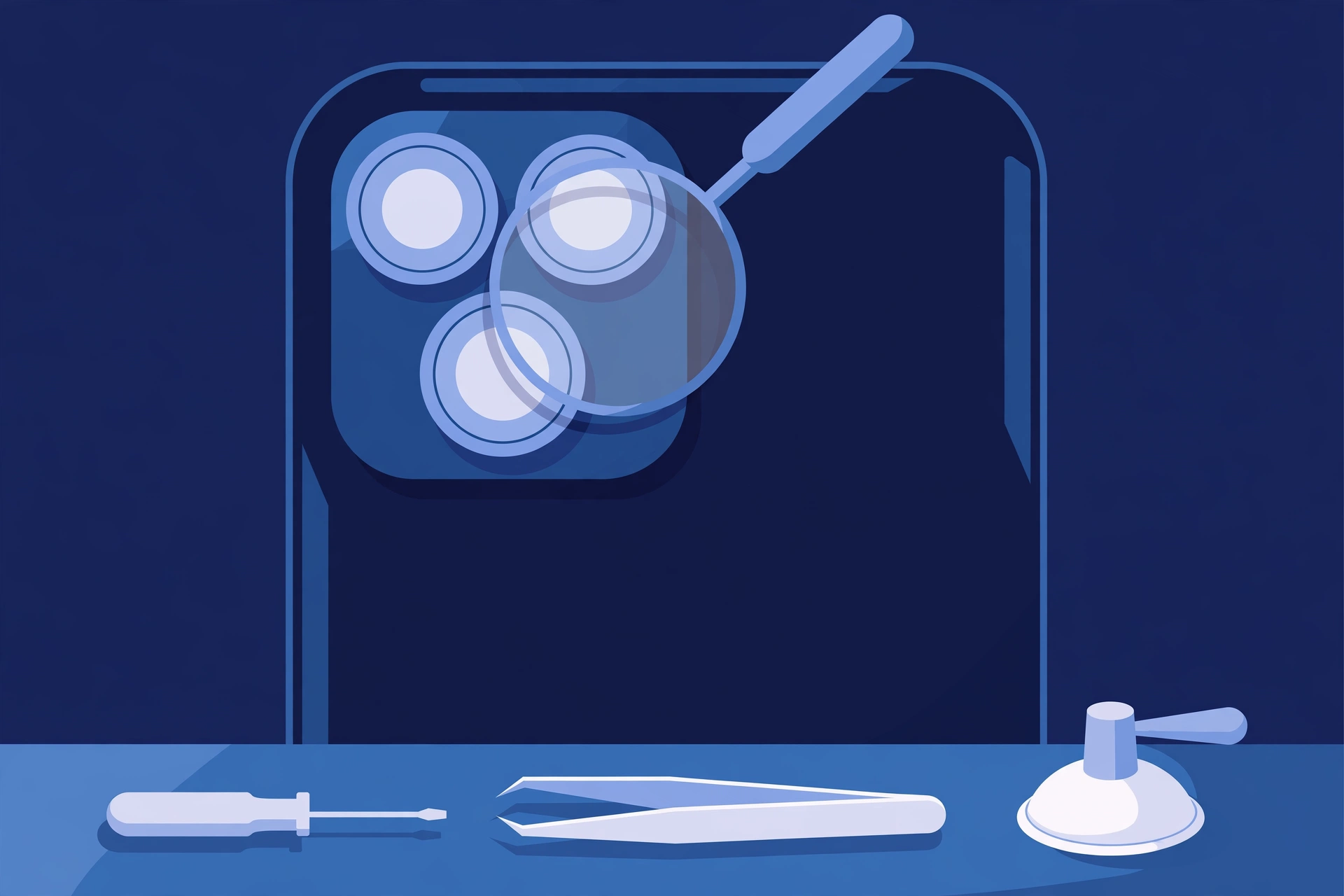 Original illustration of the back of a smartphone showing a triple camera plateau with three large lens circles, a magnifying glass held over one lens, and blue repair tools on a workbench