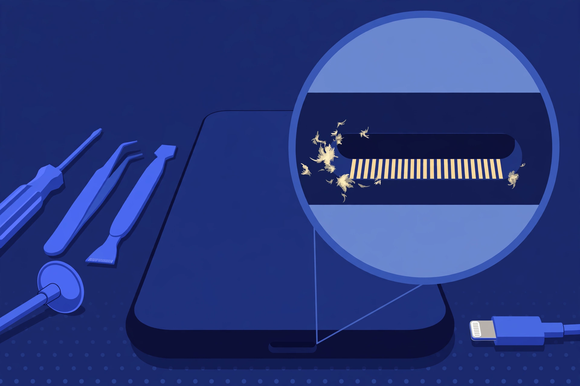 Original illustration of a smartphone's bottom edge with a magnified view inside its Lightning charging socket, lint particles packed at the socket mouth, an unplugged Lightning cable plug beside it, and blue repair tools on a workbench