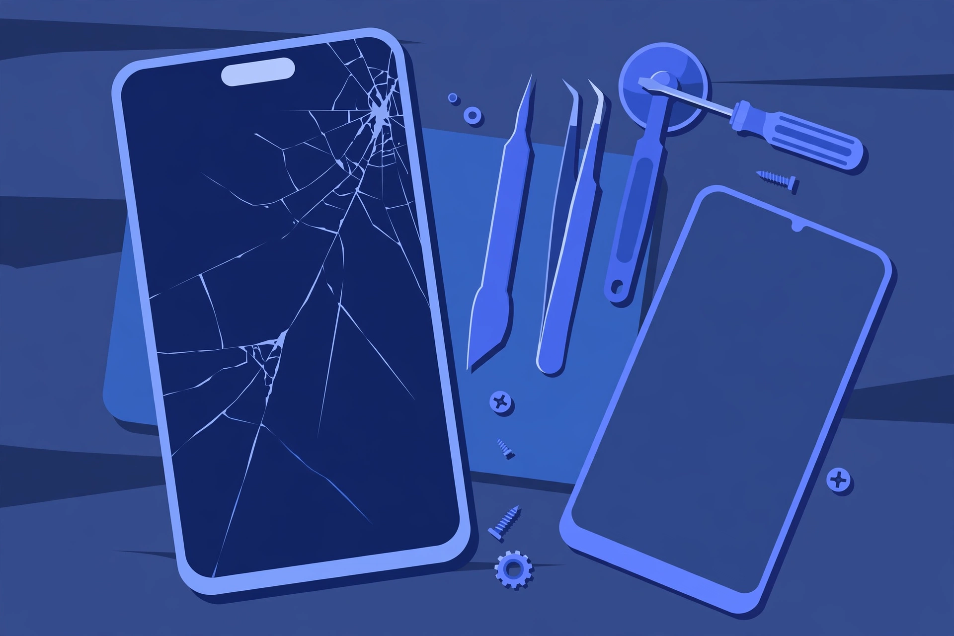 Original illustration of a smartphone with a cracked front screen and a pill-shaped camera cutout at the top of the display, beside a replacement screen panel and blue repair tools on a workbench