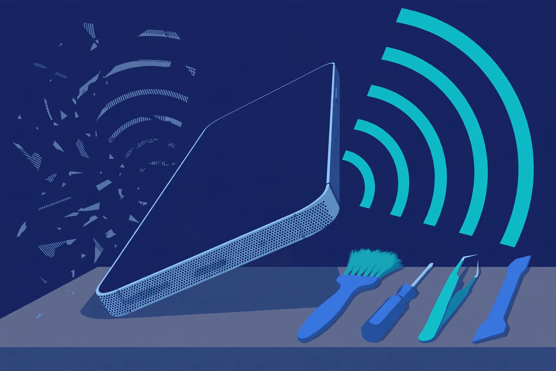 Original illustration of a smartphone's bottom edge with strong sound-wave arcs on one side and faint, broken arcs on the other, with a soft cleaning brush and blue repair tools on a workbench