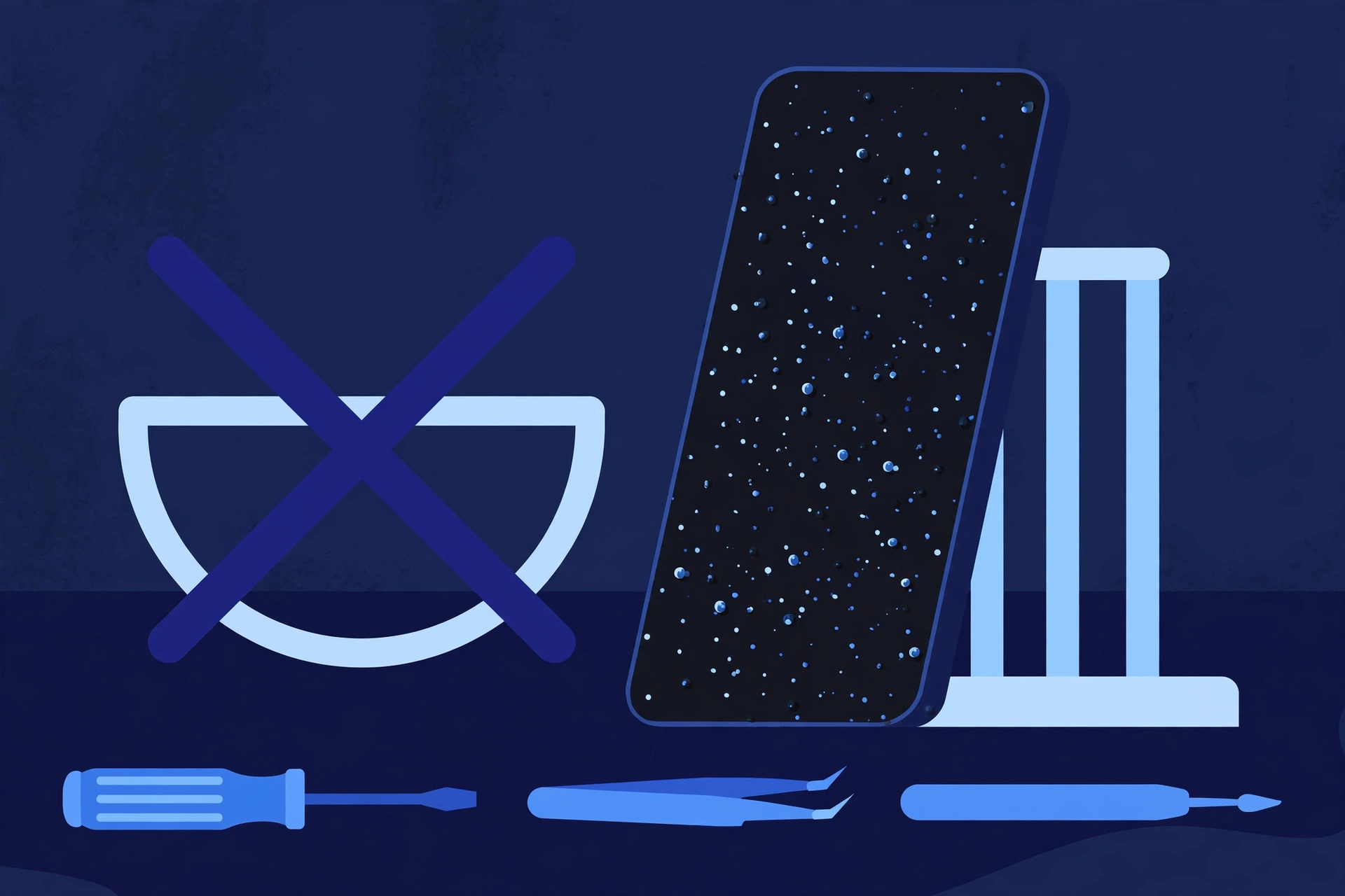 Original illustration of a smartphone covered in water droplets leaning on a drying stand, beside a crossed-out bowl symbol and blue repair tools on a workbench