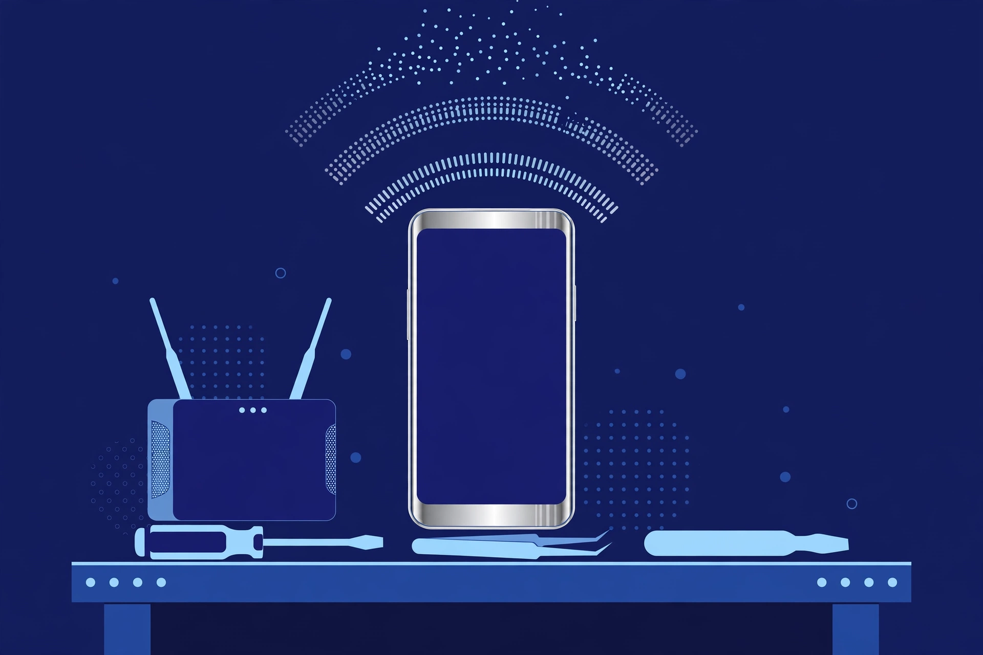 Original illustration of a smartphone with dotted Wi-Fi arcs faded and broken above it, a home router beside it, and blue repair tools on a workbench