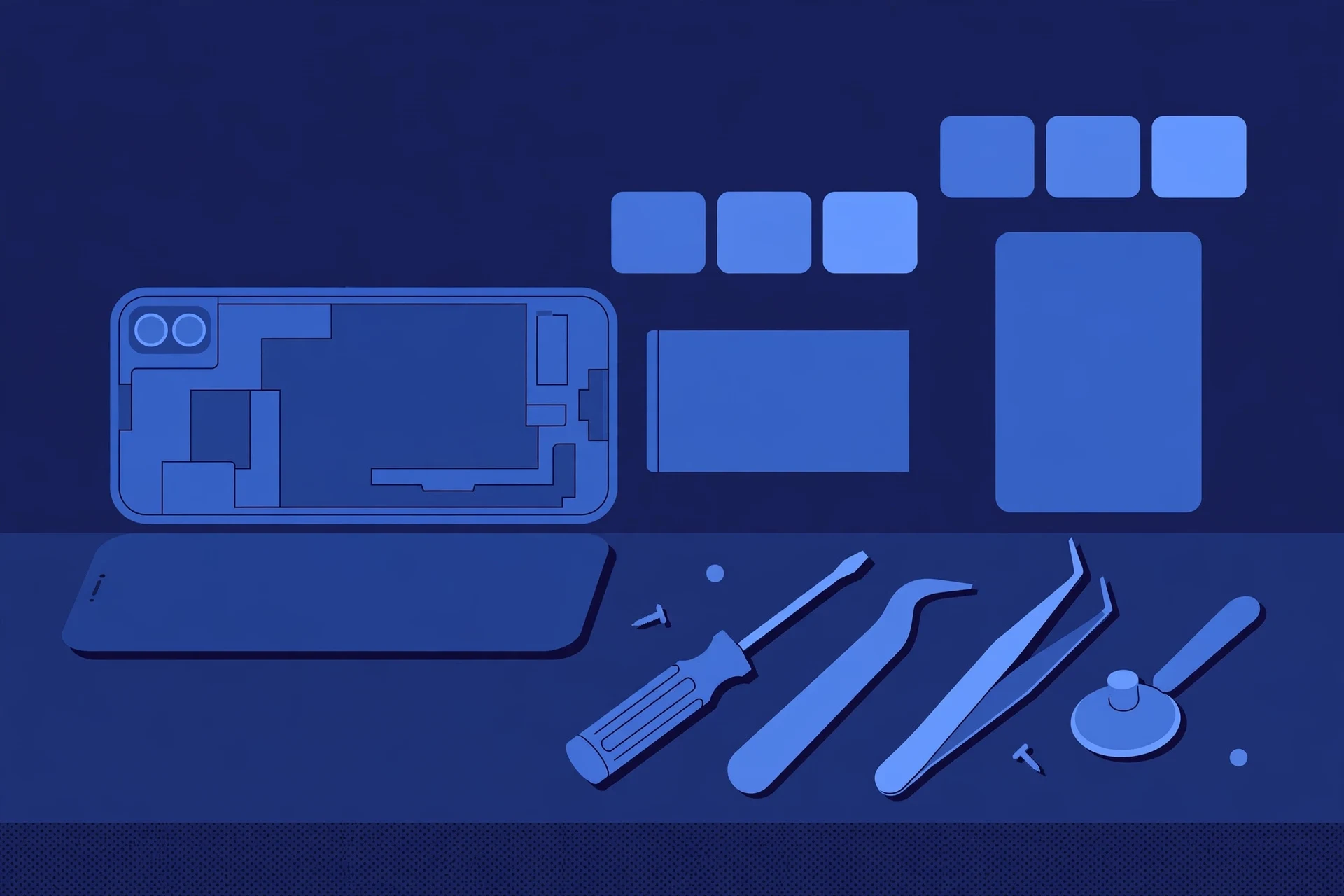 Original illustration of a smartphone with its battery visible, a replacement battery pack beside it, plain charge-level shapes and blue repair tools on a workbench