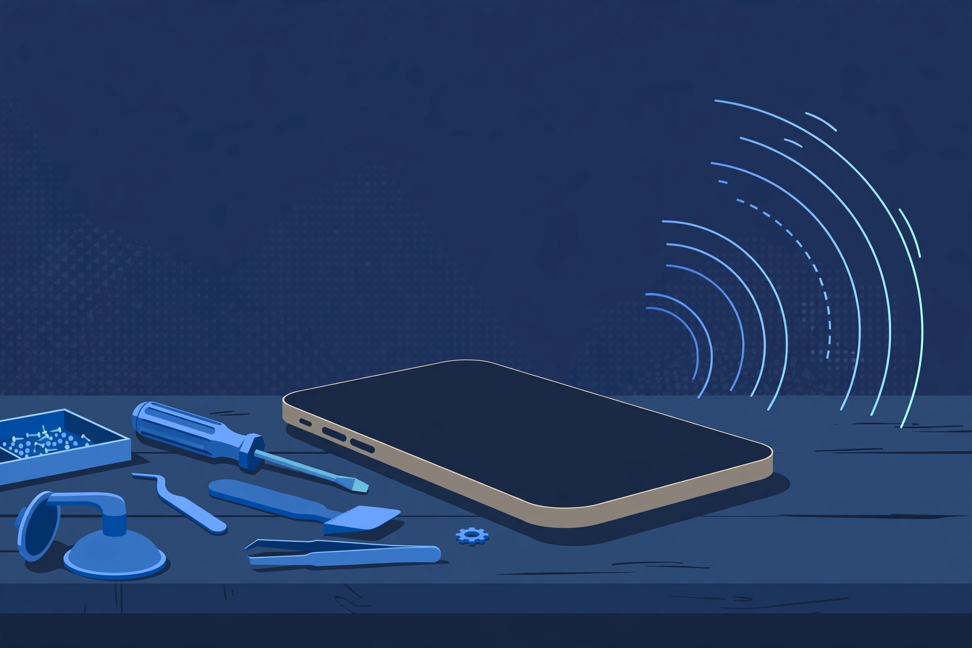 Original illustration of a smartphone with a completely black dark screen, faint ringing sound-wave arcs beside it showing the phone is still alive, and blue repair tools on a workbench